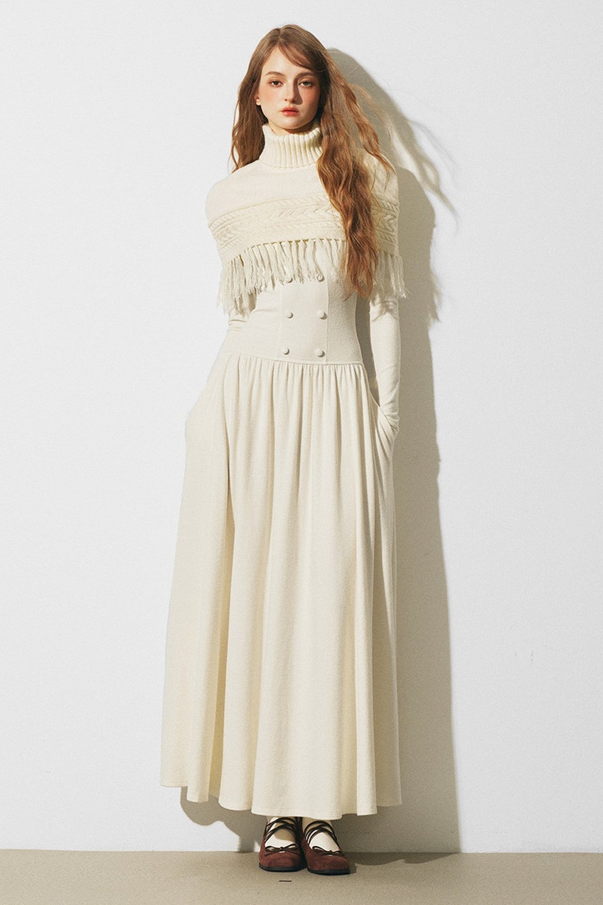 Knitted Sweater Cape and Double-Breasted Dress Set-Up