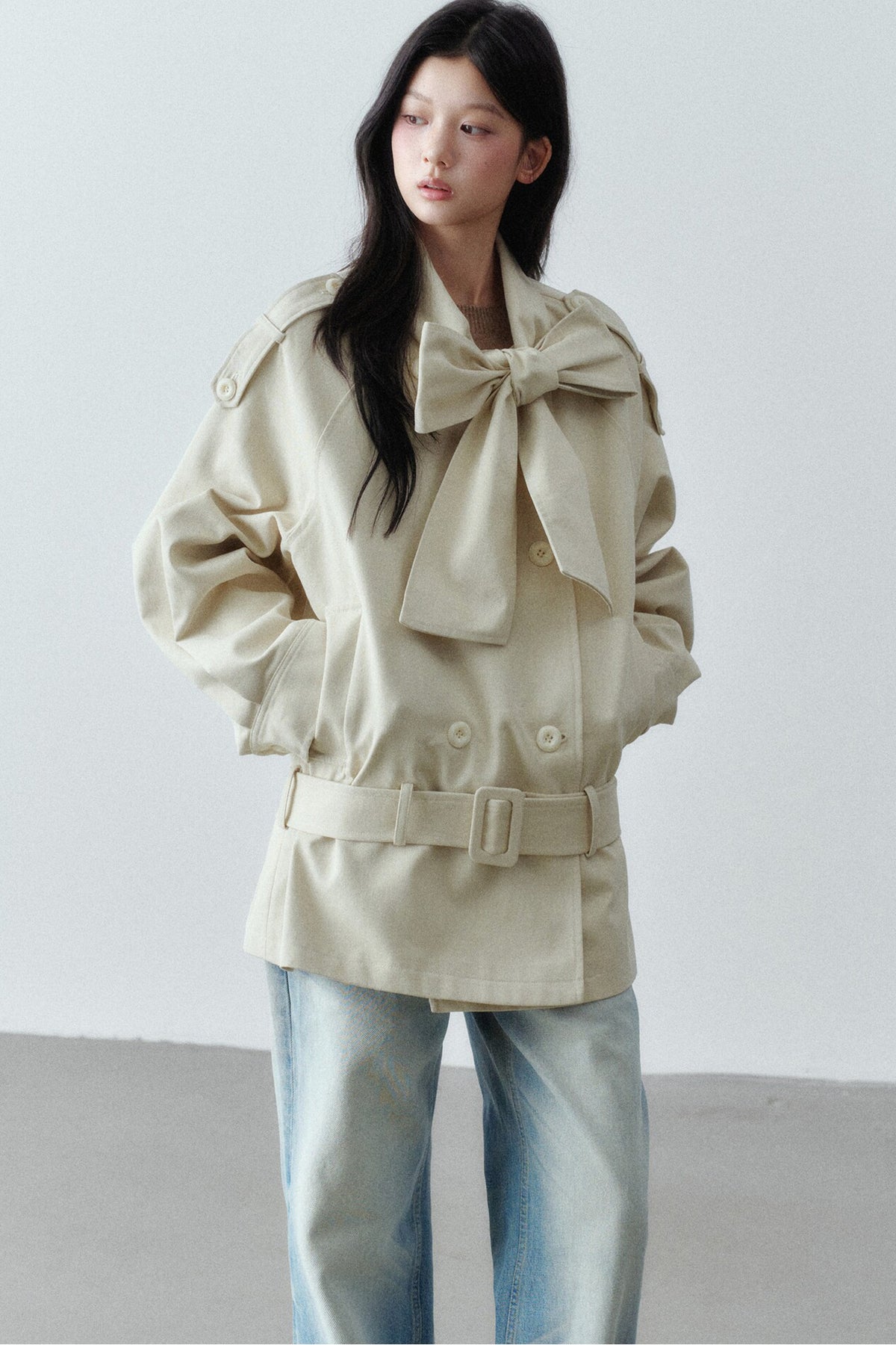 Bow Tie Low-Waist Cotton Trench Coat