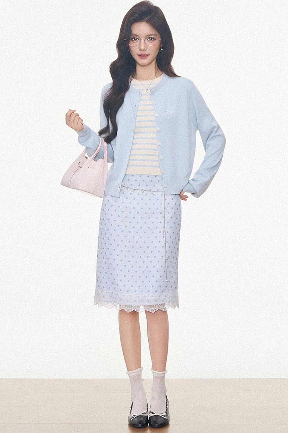Light Blue Knitted Cardigan and Polka Dot Midi Skirt Set-Up