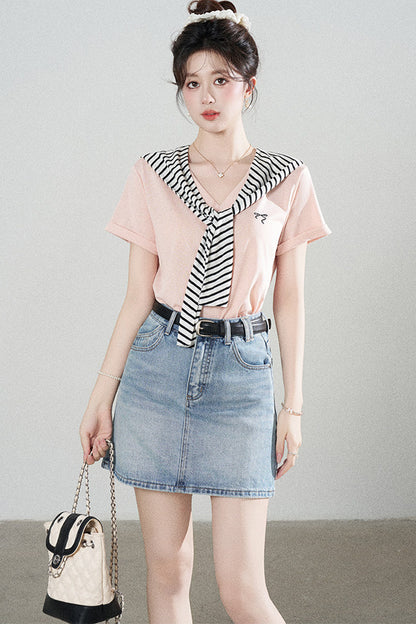 Loose Short-Sleeved Striped Shawl T-Shirt and Denim Skirt Set-Up