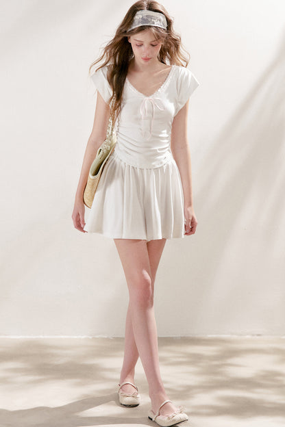 Lace Trim Tie-Up Top and High-Waisted Skirt Pants Set