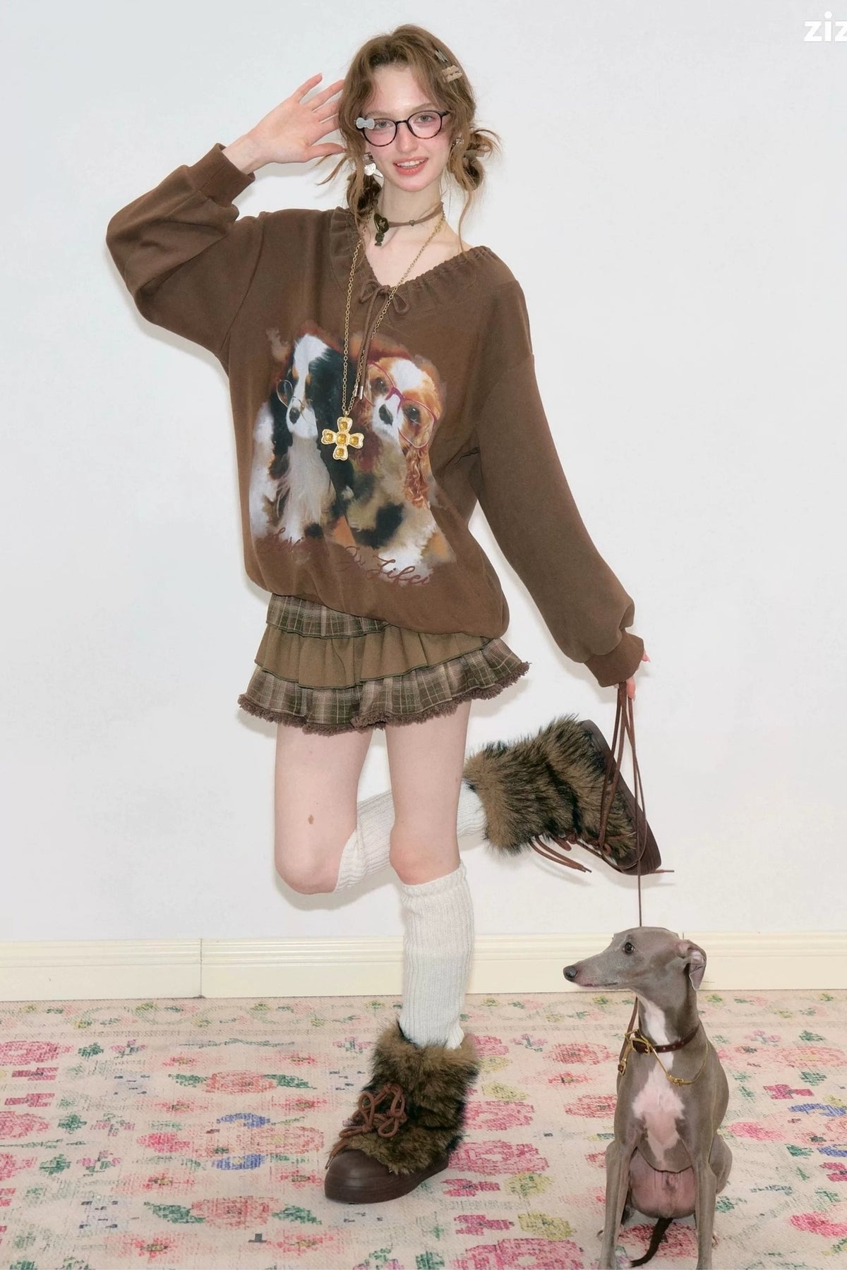 Brown Dog Print Lace V-Neck Sweatshirt