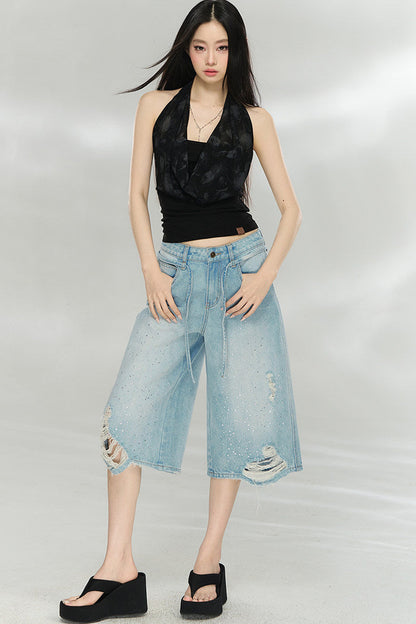 Rhinestone Distressed Denim Pants