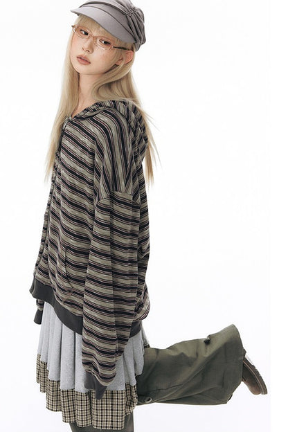 Reversible Striped Hooded Knit Cardigan