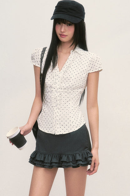 Französische Puffärmelbluse mit Polka-Dots