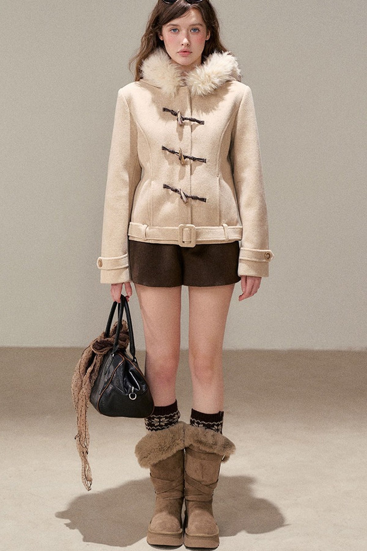 Petite Fur Collar Hooded Toggle Woolen Jacket