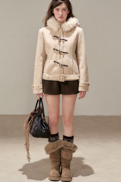 Petite Fur Collar Hooded Toggle Woolen Jacket