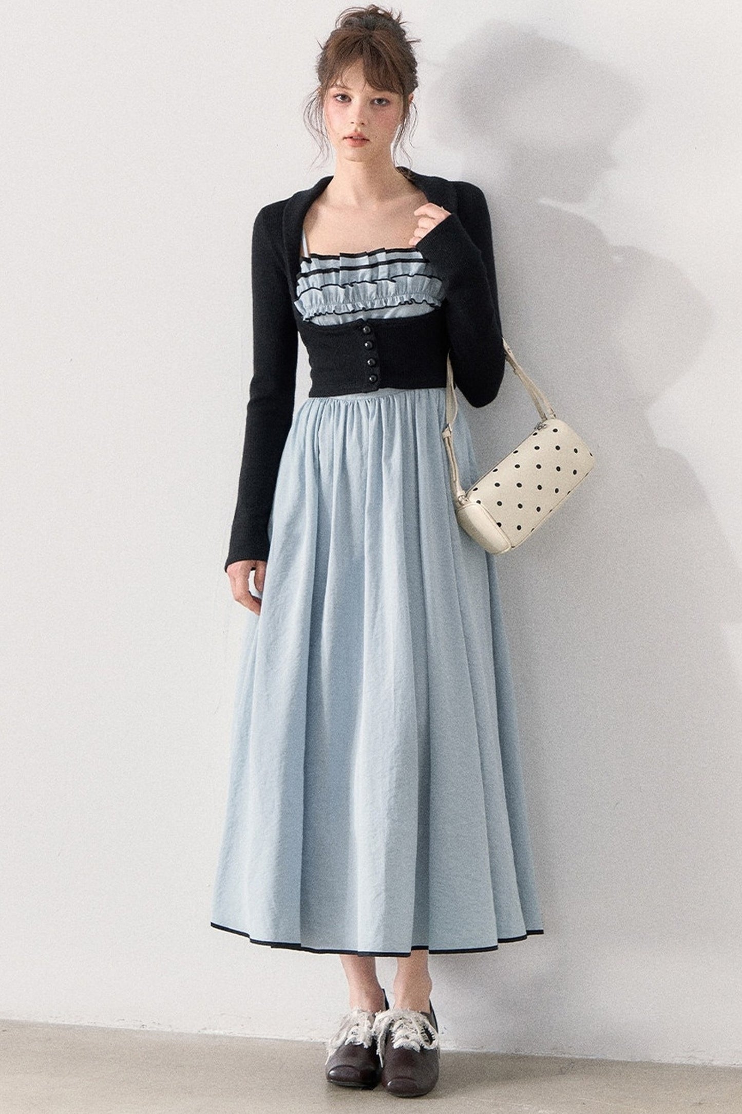Slim Knit Cardigan and Ruffle Dress Set
