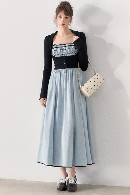 Slim Knit Cardigan and Ruffle Dress Set