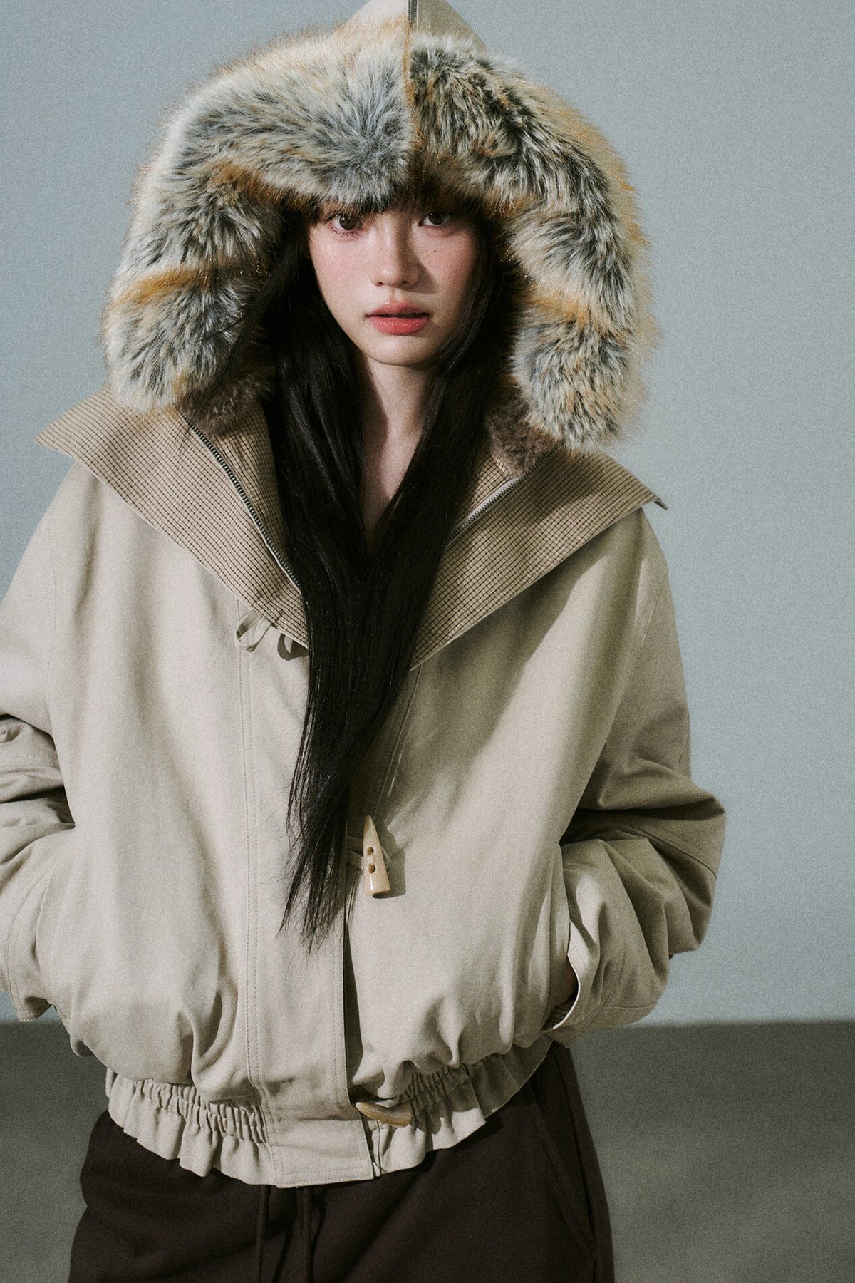 Horn Button Plaid Fur Collar Jacket