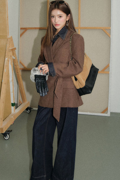Coffee Lace-Up Woolen Linen Suit Jacket, Jeans and Top Set-Up