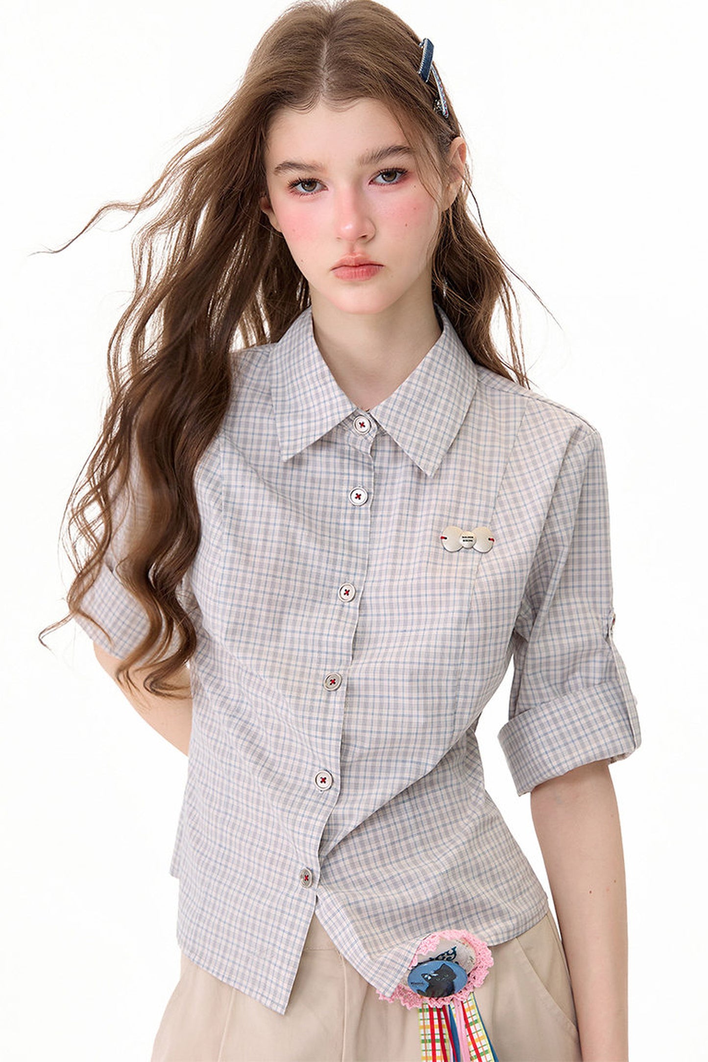 Camicia a maniche corte a quadri grigio chiaro