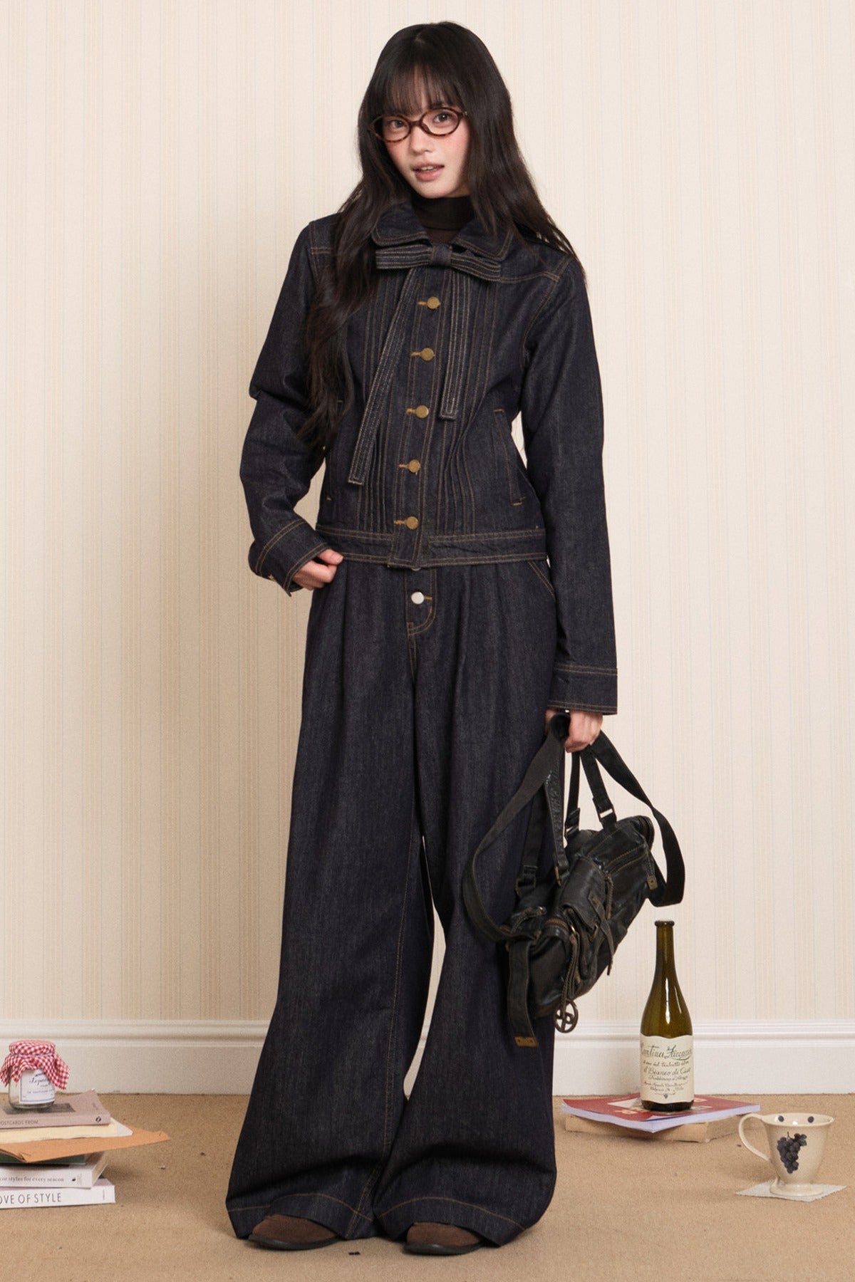 Washed Denim Lapel Tie Jacket