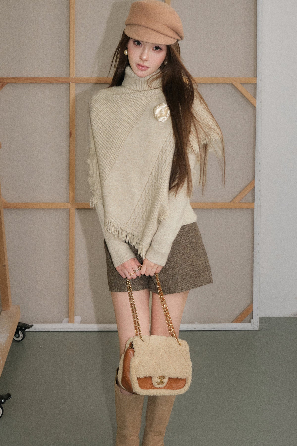 Oatmeal Tassel Cape Shawl Sweater And Shorts Set-Up