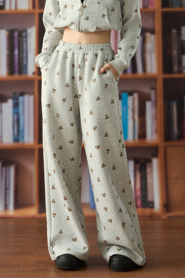 Elastic Waist Bear Print Wide-Leg Pants
