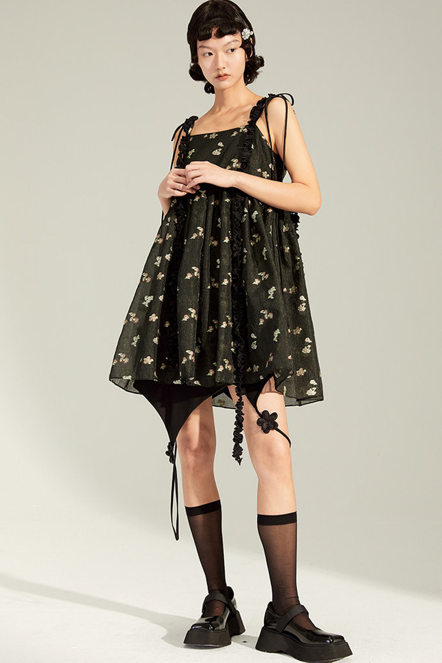 Floral Jacquard Ruffle Strap Dress