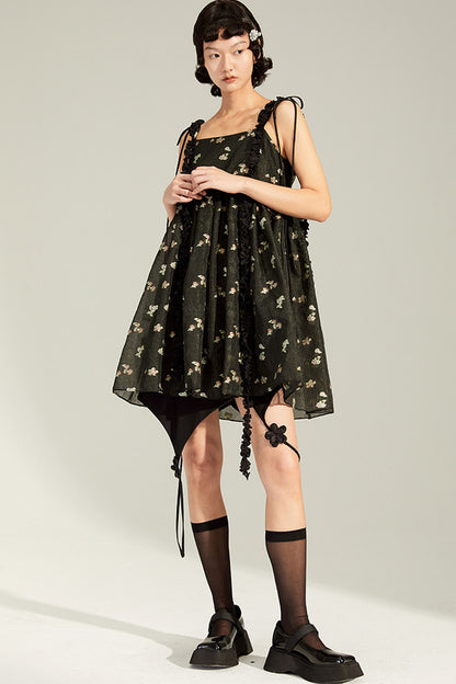 Floral Jacquard Ruffle Strap Dress