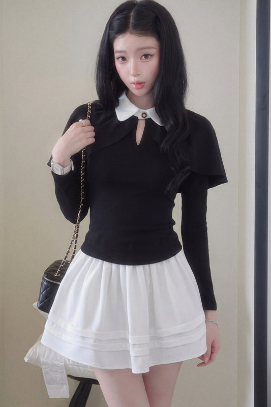 Collar Shirt and White A-Line Skirt Set-Up