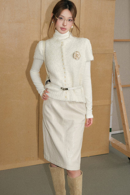 Cream White Loop Yarn Cardigan and Skirt Set-Up