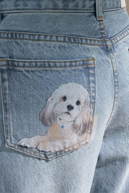 Hand-Painted Puppy Denim Pants