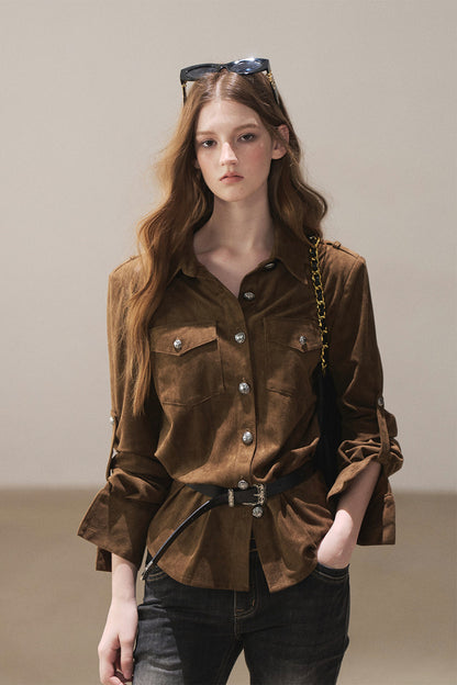 Brown Faux Suede Shirt Jacket