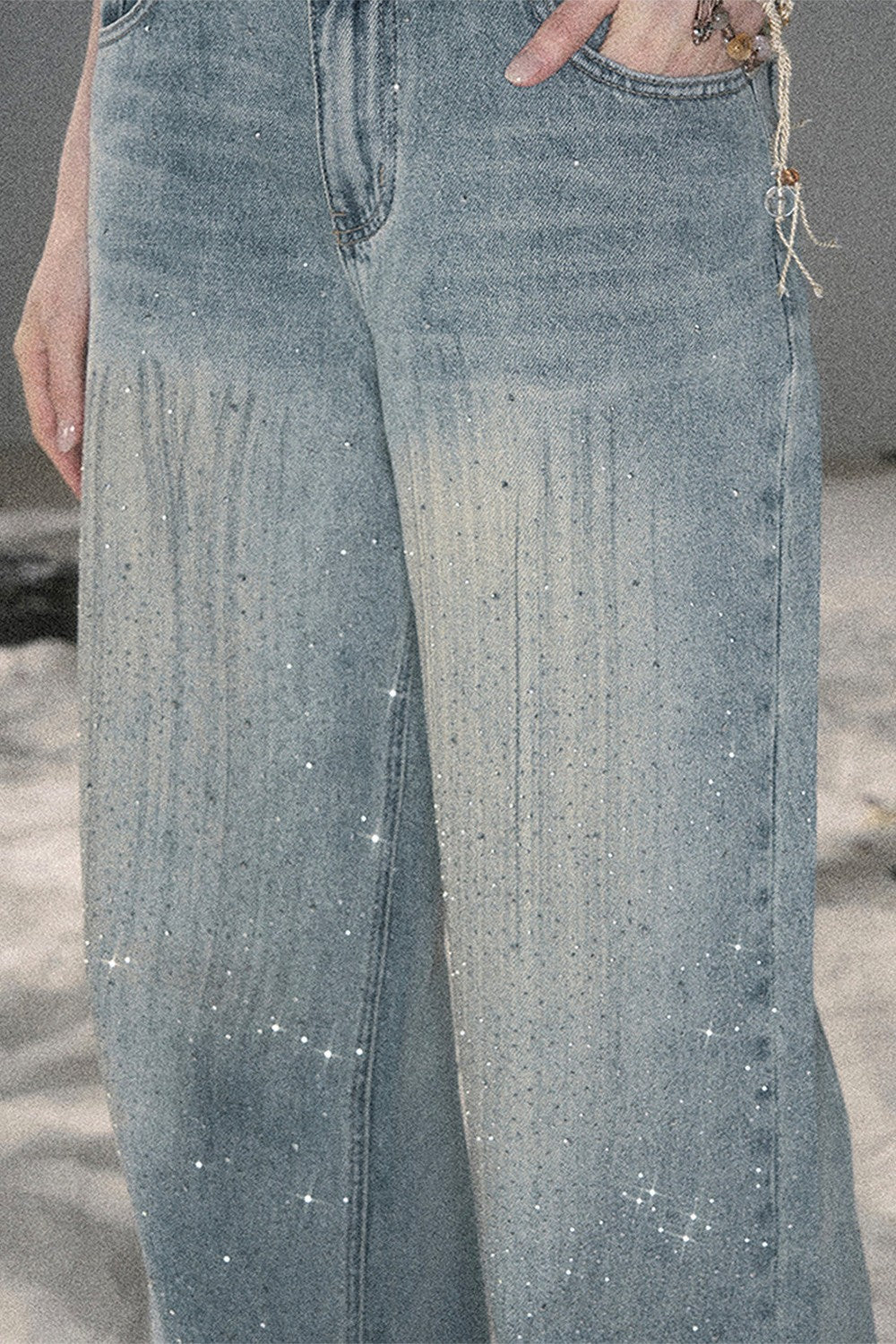 American-Style Rhinestone Wide-Leg Jeans