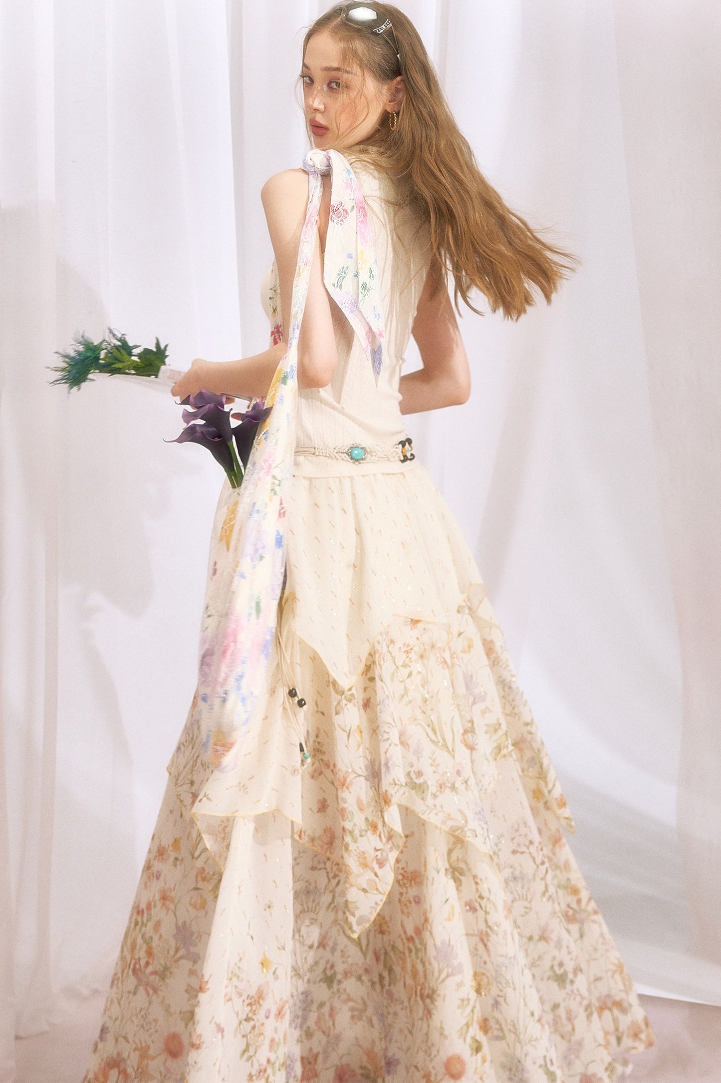 Floral Print Irregular Tiered Chiffon Skirt