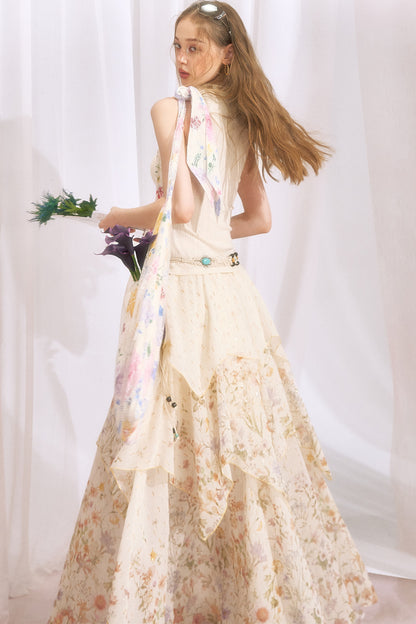 Floral Print Irregular Tiered Chiffon Skirt