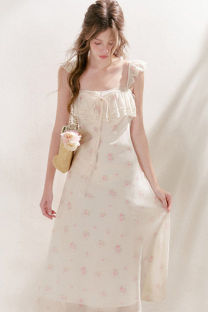 Hand-Painted Blurred Rose Print Lace Patchwork Long Dress
