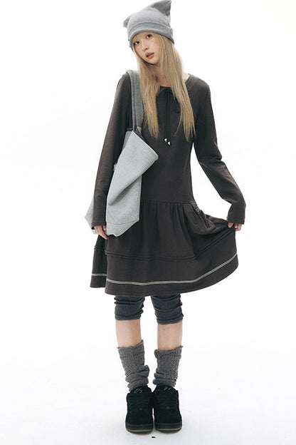 Long-Sleeved Knit Round Neck Tie Dress