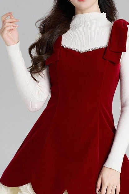 Red Velvet Dress and White Top Set-Up
