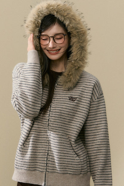 Striped Wool Knit Cardigan and Pants Set-Up