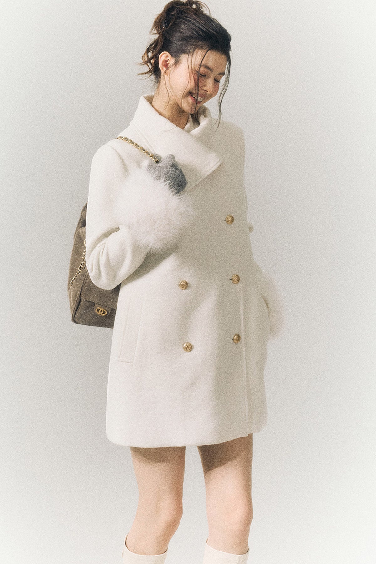 White Wool Detachable Fur Sleeve Coat