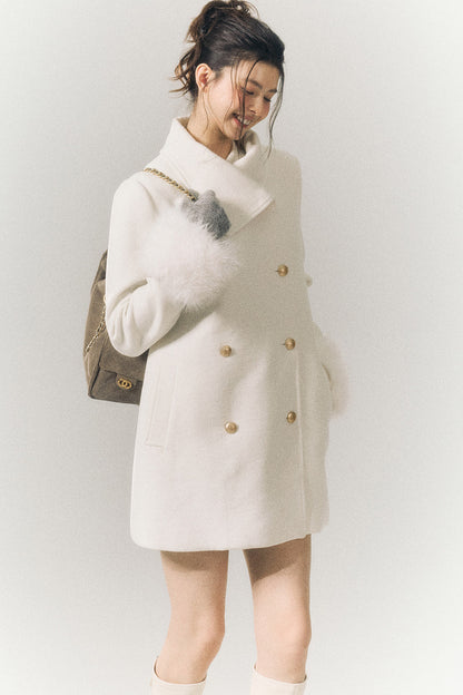 White Wool Detachable Fur Sleeve Coat