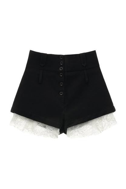 High-Waisted Buttoned Lace-Hem A-Line Shorts