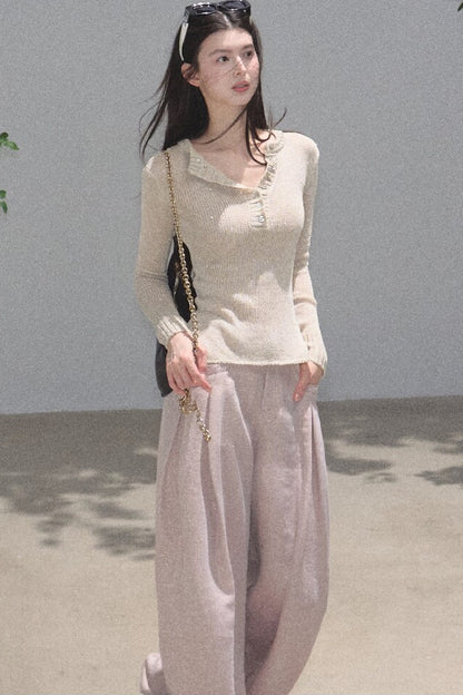 Gold Silk Linen Wide-Leg Pants