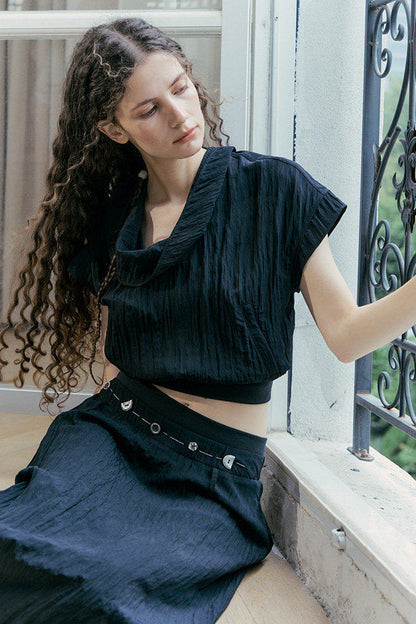Drape Collar Short Sleeve Shirt With Tie