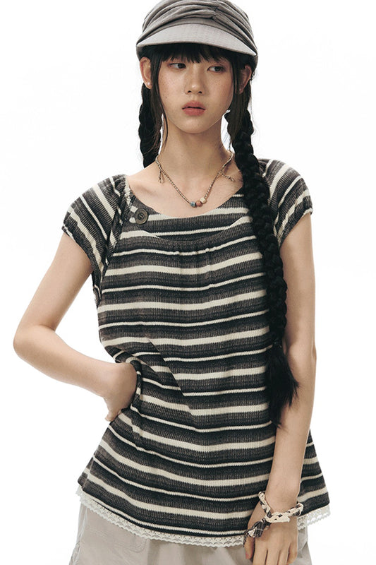 Retro Striped Lace Knit Top