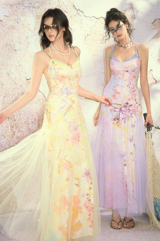 Organza-Camisole-Kleid mit Ölgemälde-Print
