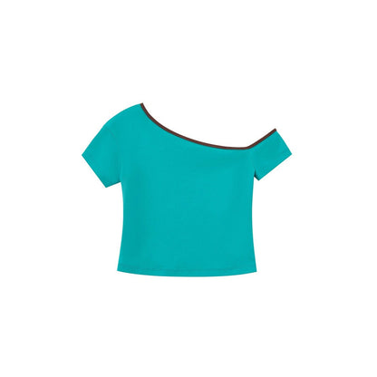 Maglia asimmetrica in cotone blu lago