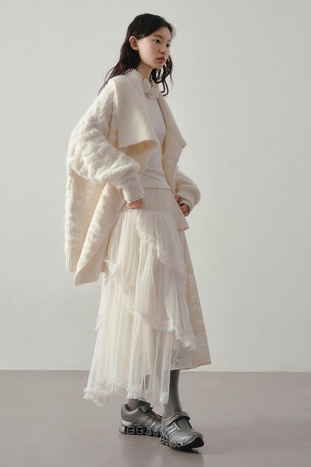 Beige Thick-Knit Loose Mid-Length Cardigan