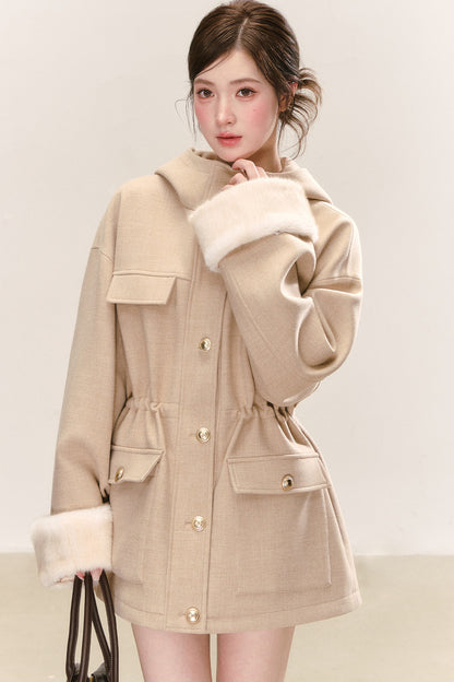 Multi-Pocket Hooded Woolen Parka Jacket