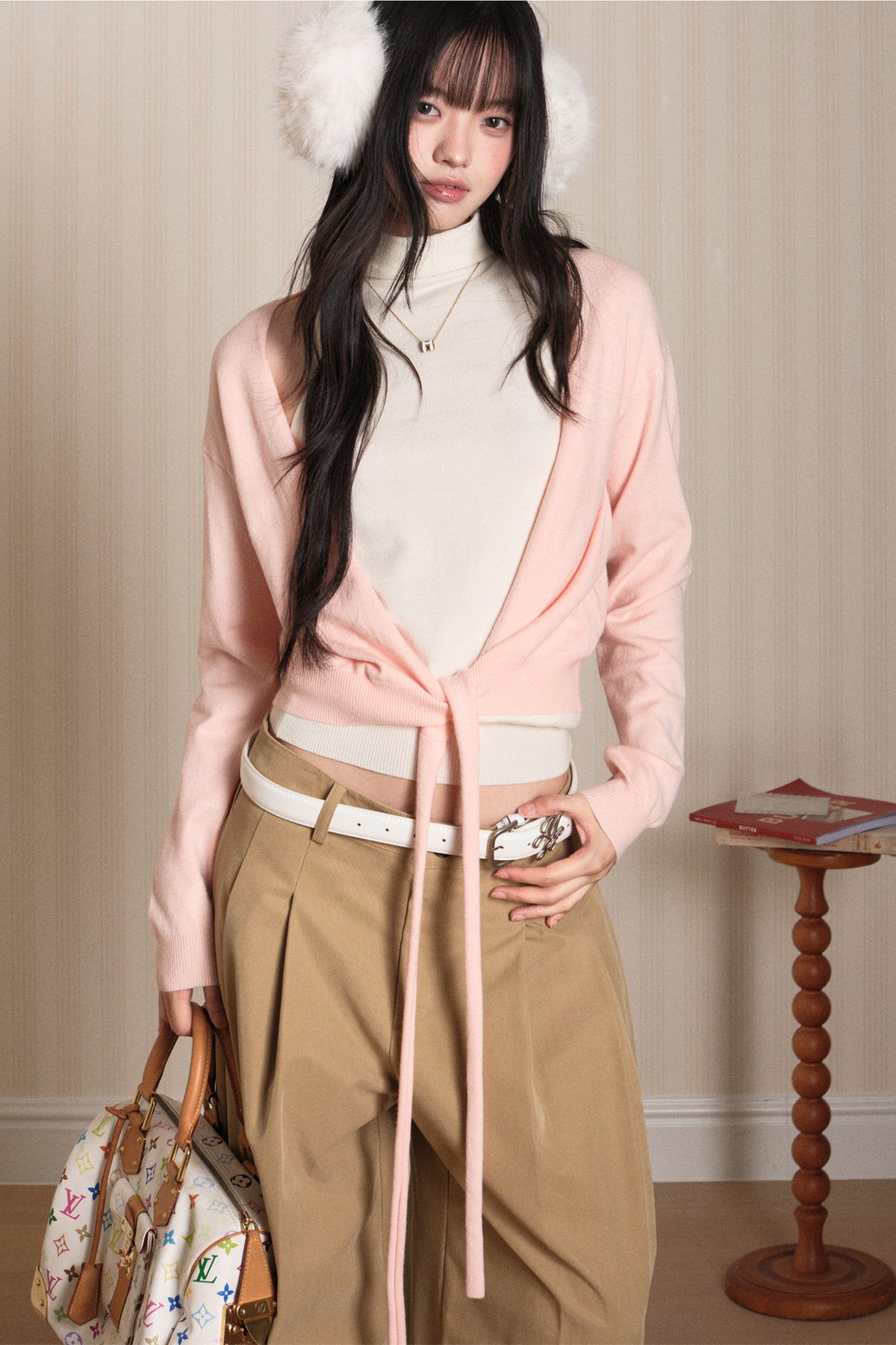Layered High-Neck Vest and Tie-Up Cardigan Set-Up