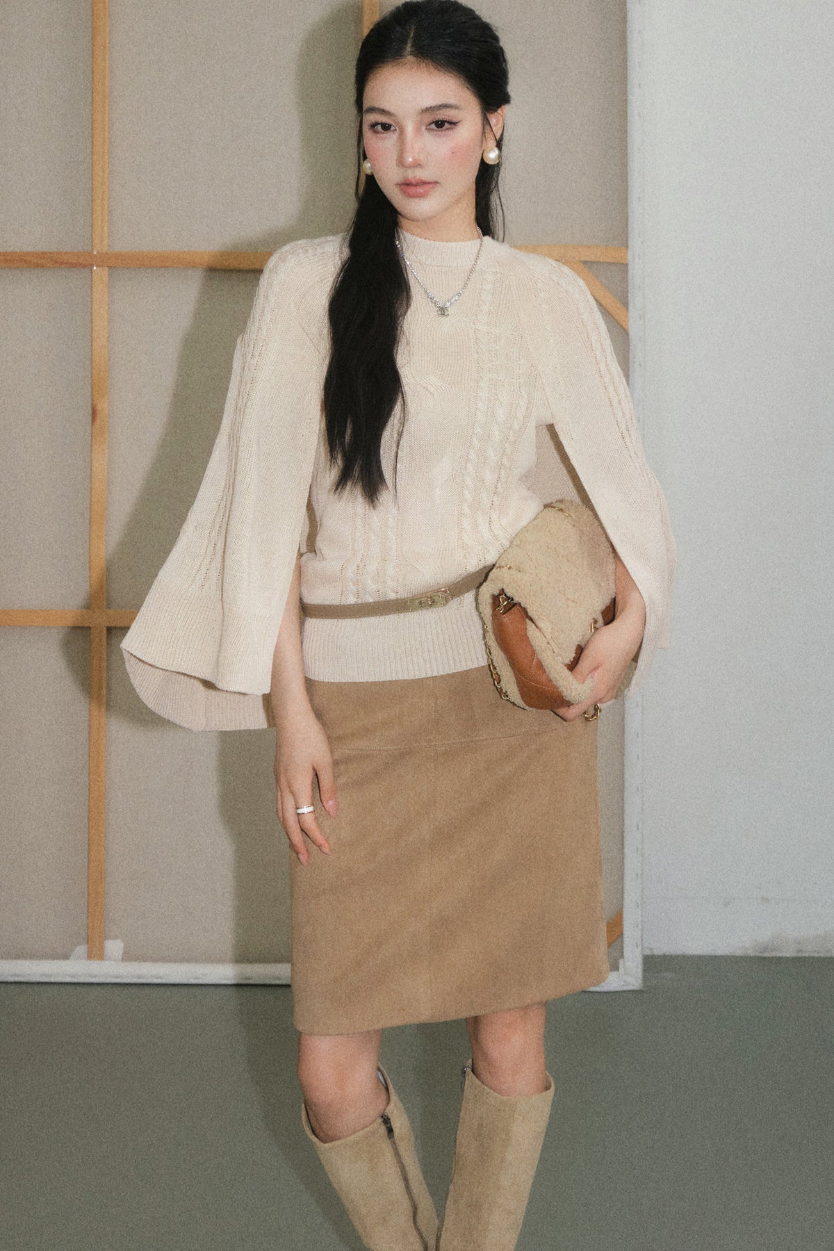Off-White Lyocell Semi-Sheer Long-Sleeve Top and Skirt Set-Up