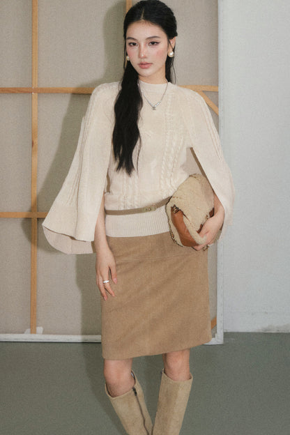 Off-White Lyocell Semi-Sheer Long-Sleeve Top and Skirt Set-Up