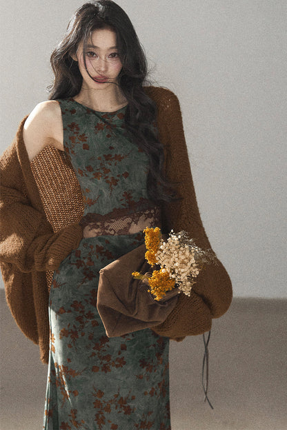 Moss Green Lace Floral Fishtail Dress