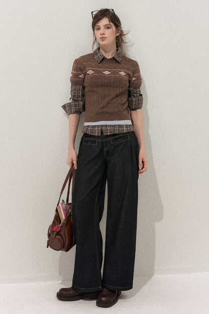 Retro Fair Isle Argyle Short-Sleeve Knit Sweater and Skirt Set-Up