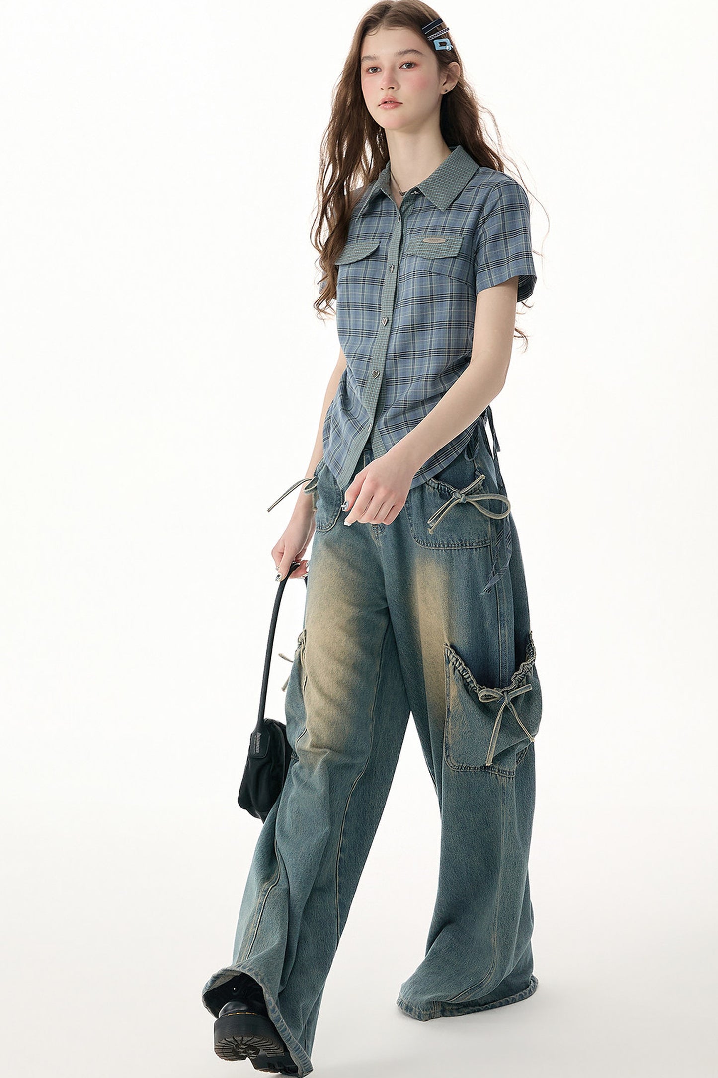 Camicia a maniche corte con motivo scozzese blu e verde