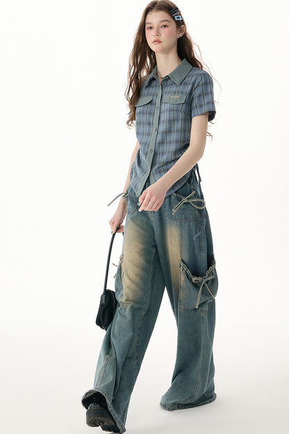 Camicia a maniche corte con motivo scozzese blu e verde