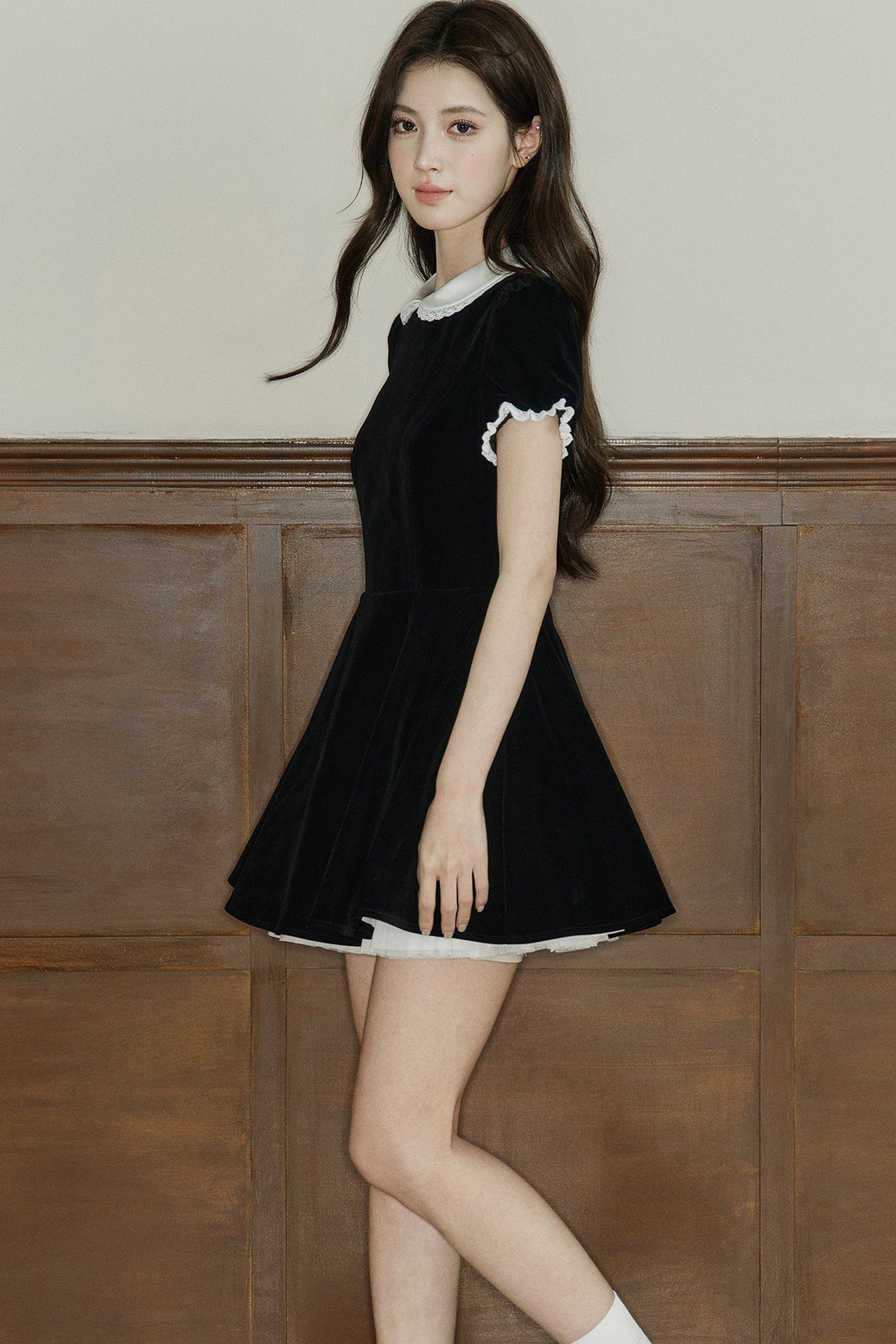 Lace Collar Velvet Puff Sleeve Dress